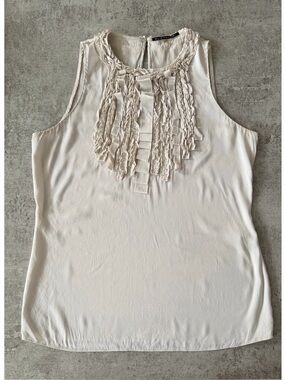 Elie Tahari Silk Cream Ruffle Front Sleeveless Elegant Top